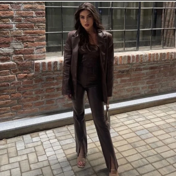 ZARA * Faux leather Oversized Straight blazer brown - Picture 8 of 15